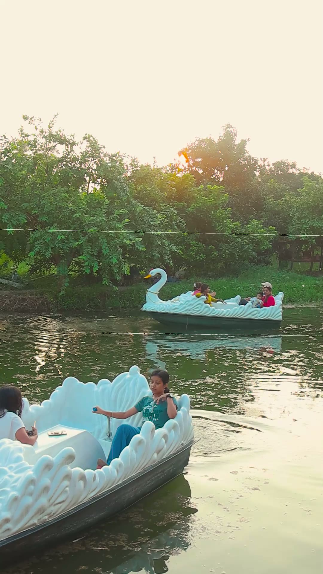 Families out on the pond in swan boats