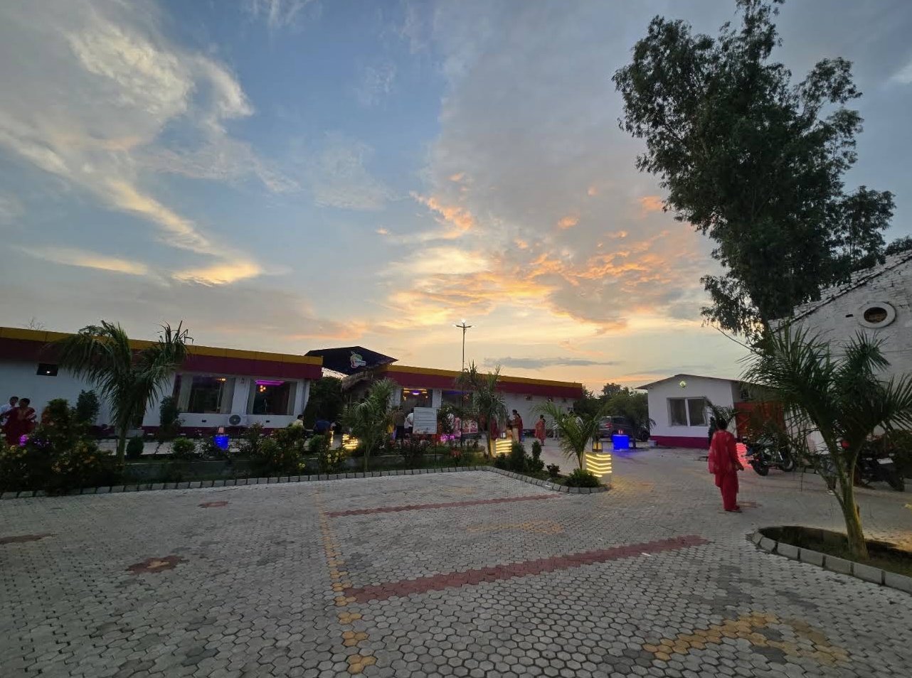 The resort courtyard at sunset